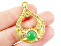 Teardrop Pendant with Green Glass Accent - 22k Matte Gold plated - 1pc