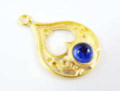 Teardrop Pendant with Blue Glass Accent - 22k Matte Gold plated - 1pc