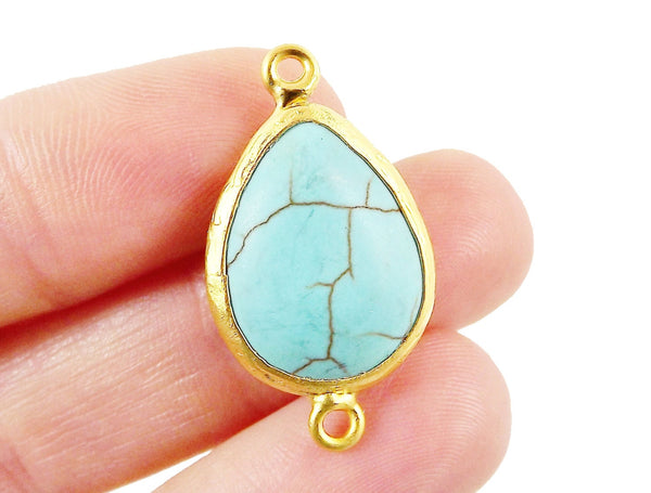 NEW Turquoise Teardrop Stone Smooth Connector  - 22k Matte Gold plated Bezel - 1pc