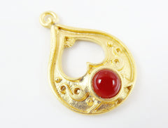 Teardrop Pendant with Pompeian Red Glass Accent - 22k Matte Gold plated - 1pc