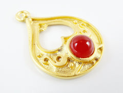 Teardrop Pendant with Pompeian Red Glass Accent - 22k Matte Gold plated - 1pc