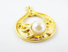 Teardrop Pendant with Pearl Glass Accent - 22k Matte Gold plated - 1pc