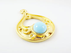 Teardrop Pendant with Pale Blue Glass Accent - 22k Matte Gold plated - 1pc