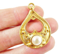 Teardrop Pendant with Pearl Glass Accent - 22k Matte Gold plated - 1pc