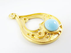 Teardrop Pendant with Pale Blue Glass Accent - 22k Matte Gold plated - 1pc