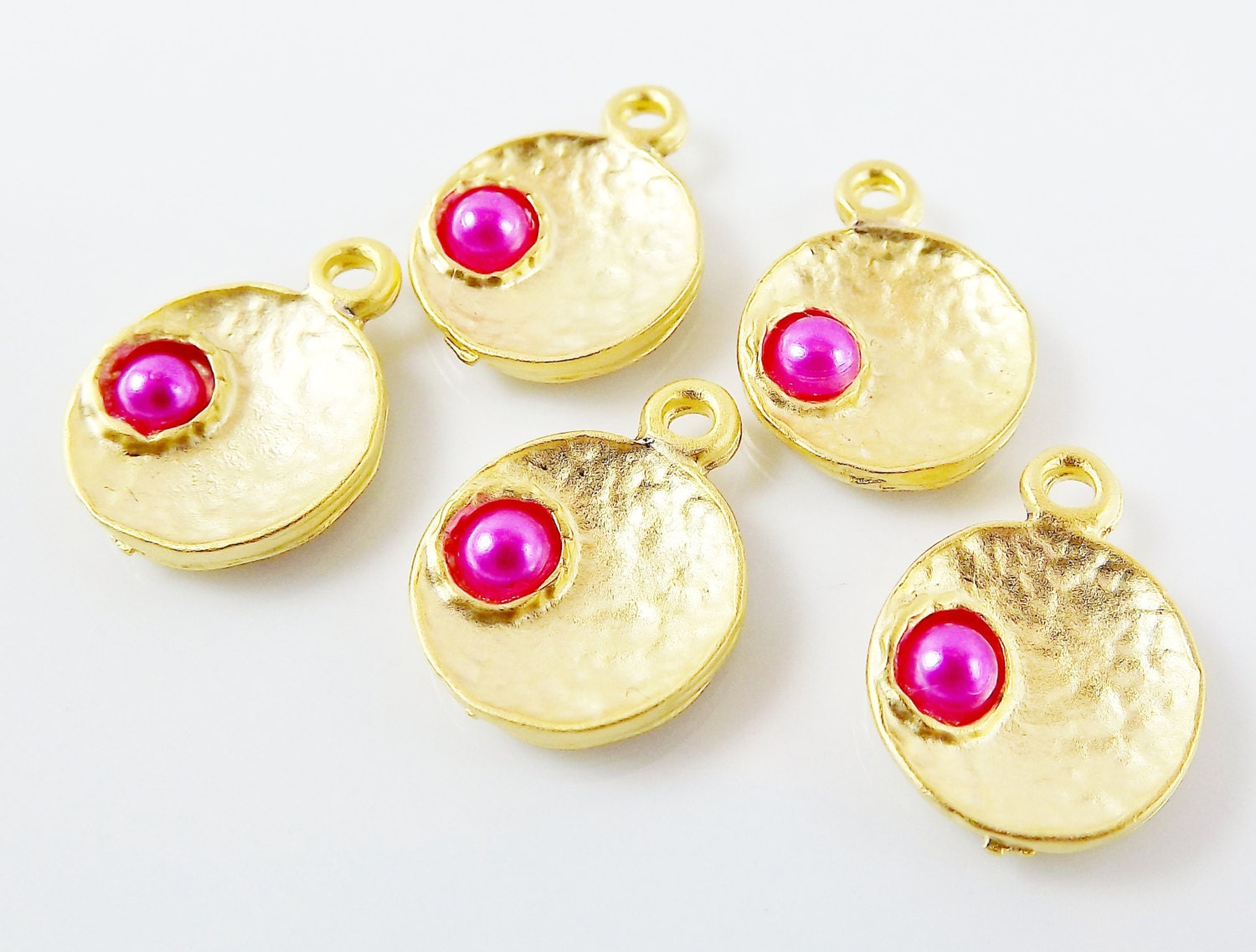 NEW - 5 Hot Pink Pearl Bead 22k Matte Gold Plated Inverted Dome Shaped Charms