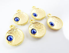 NEW - 5 Royal Blue Pearl Bead 22k Matte Gold Plated Inverted Dome Shaped Charms