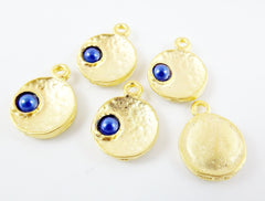 NEW - 5 Royal Blue Pearl Bead 22k Matte Gold Plated Inverted Dome Shaped Charms