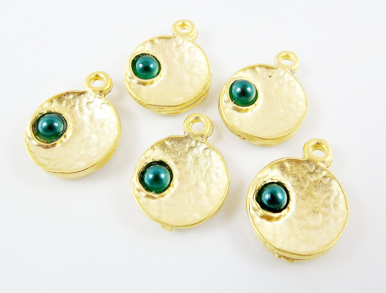 NEW - 5 Teal Green Pearl Bead 22k Matte Gold Plated Inverted Dome Shaped Charms