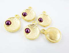NEW - 5 Purple Pearl Bead 22k Matte Gold Plated Inverted Dome Shaped Charms