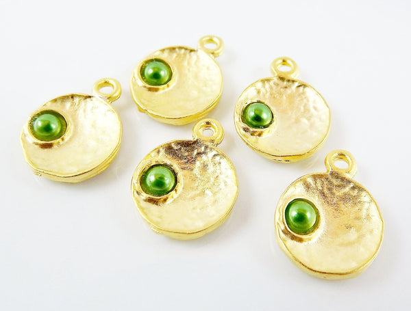 NEW - 5 Green Pearl Bead 22k Matte Gold Plated Inverted Dome Shaped Charms