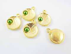 NEW - 5 Green Pearl Bead 22k Matte Gold Plated Inverted Dome Shaped Charms