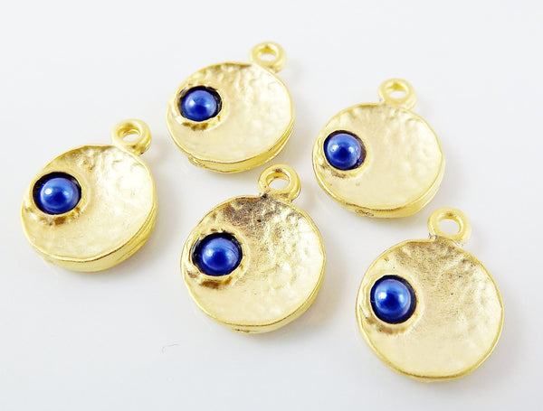 NEW - 5 Royal Blue Pearl Bead 22k Matte Gold Plated Inverted Dome Shaped Charms