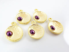 NEW - 5 Purple Pearl Bead 22k Matte Gold Plated Inverted Dome Shaped Charms