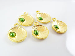 NEW - 5 Green Pearl Bead 22k Matte Gold Plated Inverted Dome Shaped Charms