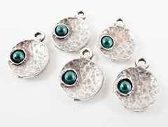 NEW - 5 Teal Green Pearl Bead Matte Silver Plated Inverted Dome Shaped Charms