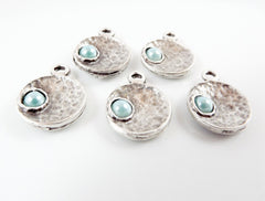 NEW - 5 Pale Aqua Blue Pearl Bead Matte Silver Plated Inverted Dome Shaped Charms