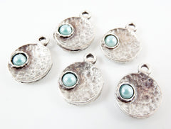 NEW - 5 Pale Aqua Blue Pearl Bead Matte Silver Plated Inverted Dome Shaped Charms