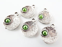 NEW - 5 Green Pearl Bead Matte Silver Plated Inverted Dome Shaped Charms
