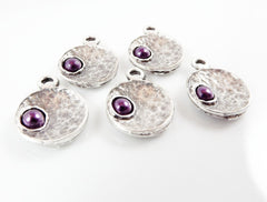 NEW - 5 Purple Pearl Bead Matte Antique Silver Plated Inverted Dome Shaped Charms