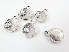 NEW - 5 Pale Aqua Blue Pearl Bead Matte Silver Plated Inverted Dome Shaped Charms