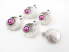 5 Hot Pink Pearl Bead Inverted Dome Shaped Silver Charms, Round Disc Coin Charm Pendant - Matte Antique Silver Plated