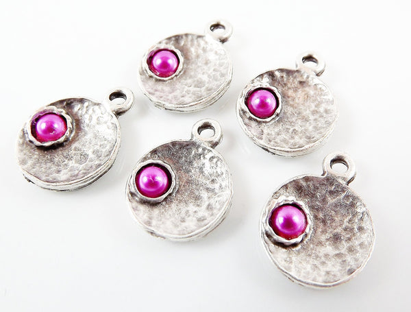 5 Hot Pink Pearl Bead Inverted Dome Shaped Silver Charms, Round Disc Coin Charm Pendant - Matte Antique Silver Plated