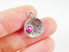 5 Hot Pink Pearl Bead Inverted Dome Shaped Silver Charms, Round Disc Coin Charm Pendant - Matte Antique Silver Plated