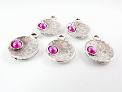 5 Hot Pink Pearl Bead Inverted Dome Shaped Silver Charms, Round Disc Coin Charm Pendant - Matte Antique Silver Plated