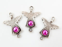 NEW - 3 Mini Angel Charm Connectors With Pink Bead - Matte Silver Plated