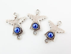 NEW - 3 Mini Angel Charm Connectors With Royal Blue Bead - Matte Silver Plated