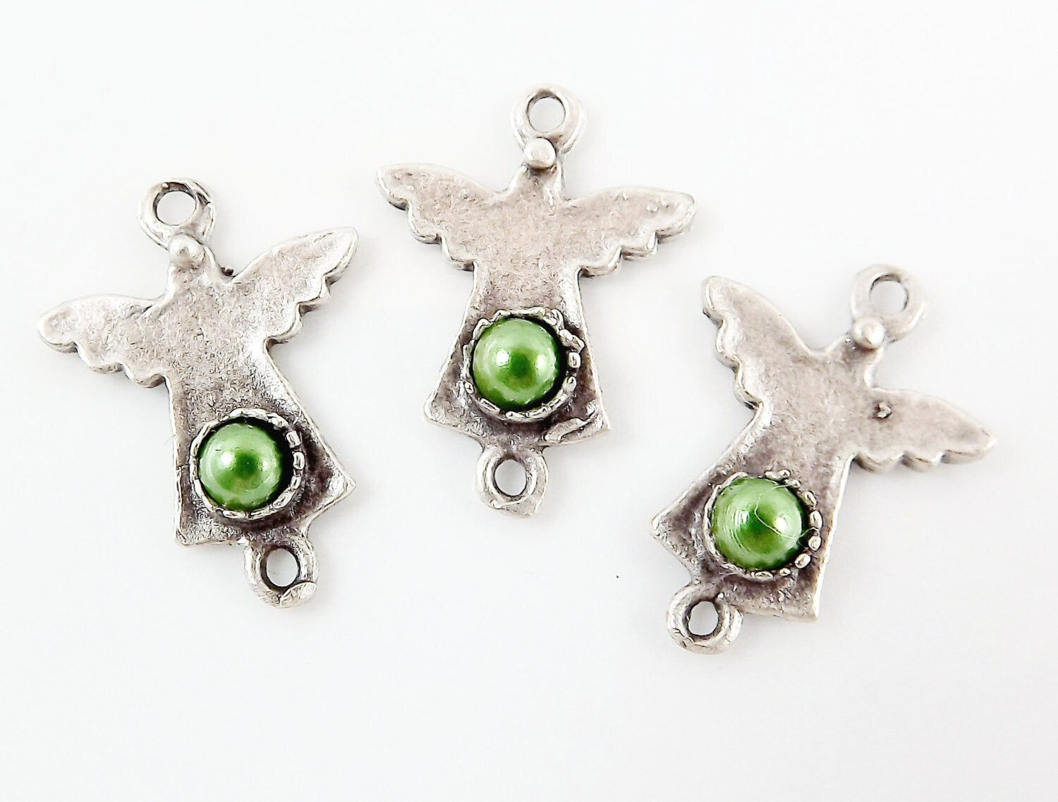 NEW - 3 Mini Angel Charm Connectors With Green Bead - Matte Silver Plated