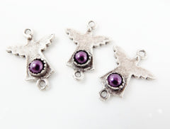 NEW - 3 Mini Angel Charm Connectors With Purple Bead - Matte Silver Plated