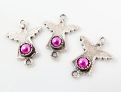 NEW - 3 Mini Angel Charm Connectors With Pink Bead - Matte Silver Plated