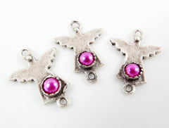 NEW - 3 Mini Angel Charm Connectors With Pink Bead - Matte Silver Plated