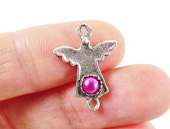 NEW - 3 Mini Angel Charm Connectors With Pink Bead - Matte Silver Plated