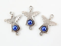 NEW - 3 Mini Angel Charm Connectors With Royal Blue Bead - Matte Silver Plated