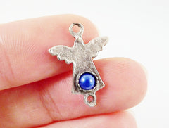 NEW - 3 Mini Angel Charm Connectors With Royal Blue Bead - Matte Silver Plated