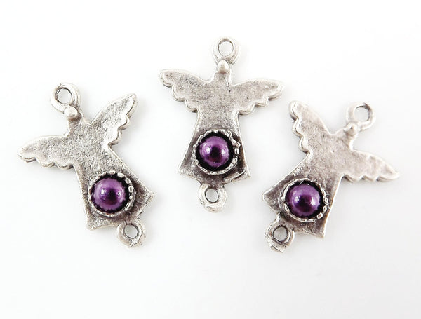 NEW - 3 Mini Angel Charm Connectors With Purple Bead - Matte Silver Plated