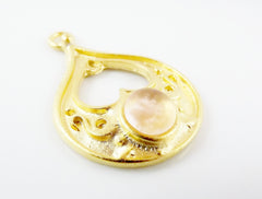 Teardrop Pendant with Pink Peach Glass Accent - 22k Matte Gold plated - 1pc