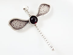 Large Dragonfly Pendant with Red Glass Accent - Matte Silver plated - 1pc