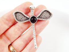 Large Dragonfly Pendant with Red Glass Accent - Matte Silver plated - 1pc