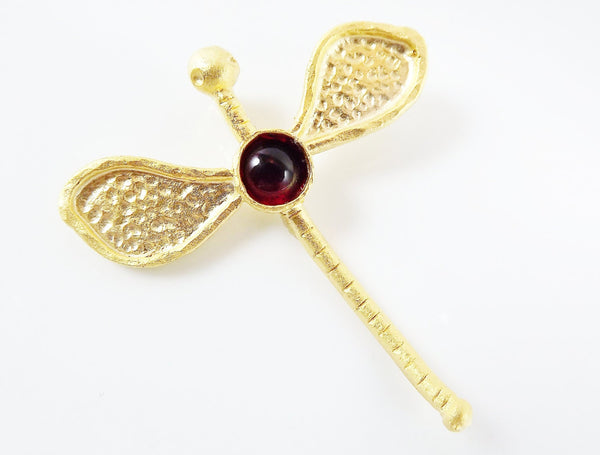Large Dragonfly Pendant with Red  Glass Accent - 22k Matte Gold Plated - 1pc