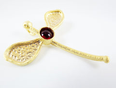 Large Dragonfly Pendant with Red  Glass Accent - 22k Matte Gold Plated - 1pc