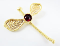 Large Dragonfly Pendant with Red  Glass Accent - 22k Matte Gold Plated - 1pc