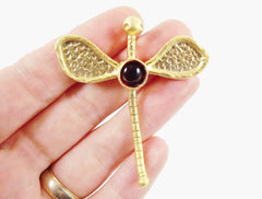 Large Dragonfly Pendant with Red  Glass Accent - 22k Matte Gold Plated - 1pc