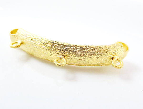 Unusual Bark Textured Rustic Bracelet Connector Component - Three Loops - 22k Matte Gold Plated