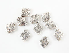 10 Floral Stamped Diamond Rhombus Shaped Matte Silver Plated Bead Spacers - TYPE 2