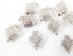 10 Floral Stamped Diamond Rhombus Shaped Matte Silver Plated Bead Spacers - TYPE 2