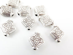 10 Floral Stamped Diamond Rhombus Shaped Matte Silver Plated Bead Spacers - TYPE 2
